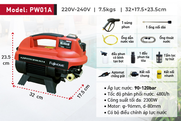 Máy rửa xe mô tơ cảm ứng từ FujiHOME PW01A